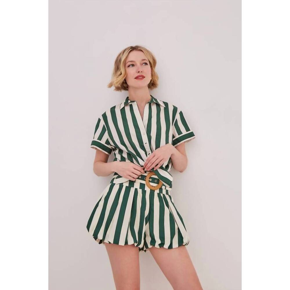 NEW CARA CARA women's ray bubble hem short in green and white stripe